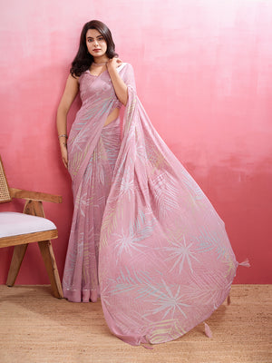Purple Silk Georgette Festive Wear Saree With Blouse Piece