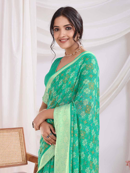 Teal Pure Chiffon Viscose Border Block Printed Saree With Blouse Piece