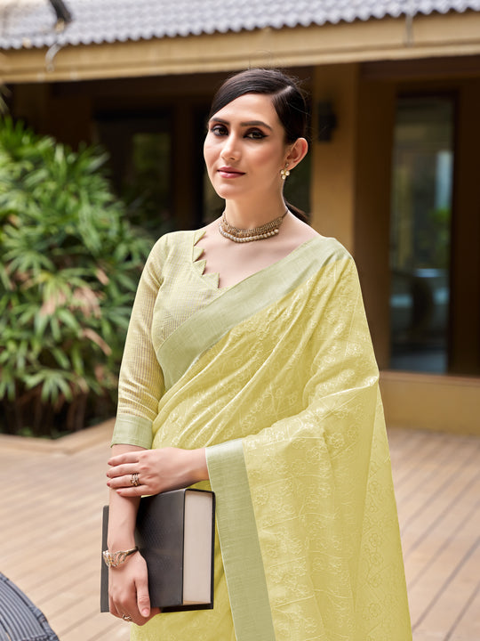 Yellow Pure Linen Blend Saree With Blouse Piece