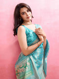 Blue Cotton Banarasi Woven Rich Pallu Printed Saree With Blouse Piece