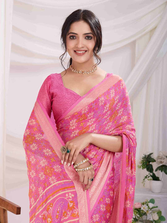 Pink Pure Chiffon Viscose Border Block Printed Saree With Blouse Piece