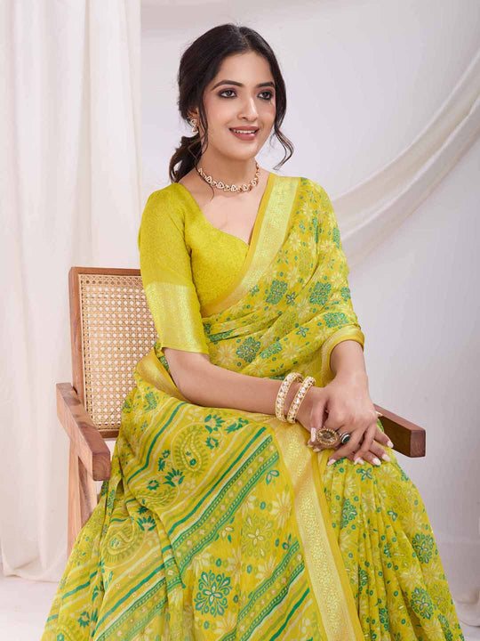 Green Pure Chiffon Viscose Border Block Printed Saree With Blouse Piece