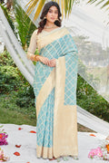 Sky Blue Cotton Thread Work Saree With Blouse Piece