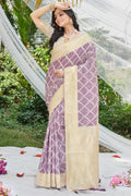 Purple Cotton Thread Work Saree With Blouse Piece