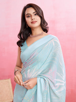 Sky Blue Silk Georgette Festive Wear Saree With Blouse Piece