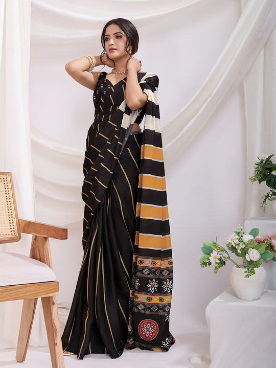 Black Satin Ready To Wear Saree With Blouse Piece