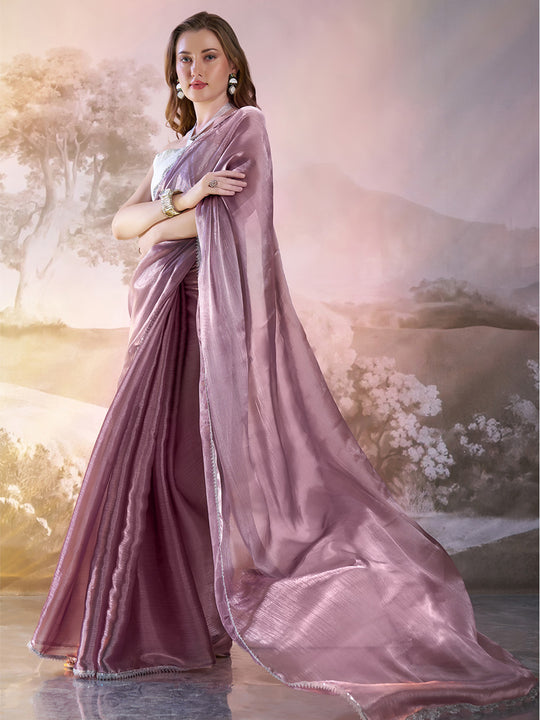 Lavender Organza Solid Saree With Blouse Piece