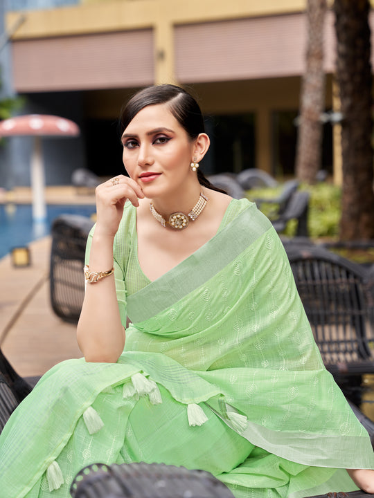 Green Pure Linen Blend Saree With Blouse Piece