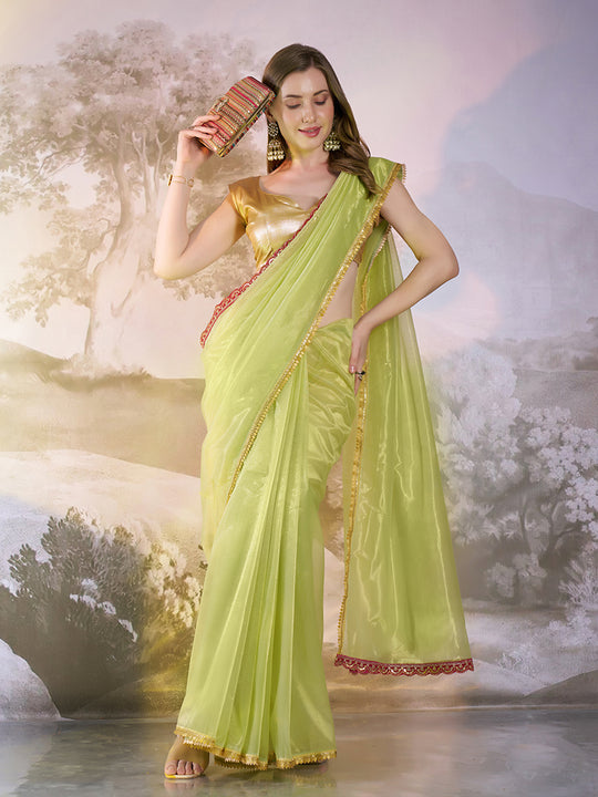 Lime Yellow Twill Net Solid Saree With Blouse Piece