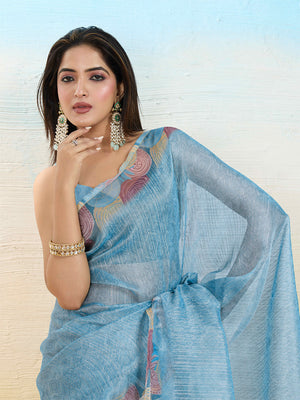 Skyblue Organza Zari Woven Printed Saree With Hand-Sequence Embellishment Saree With Blouse Piece