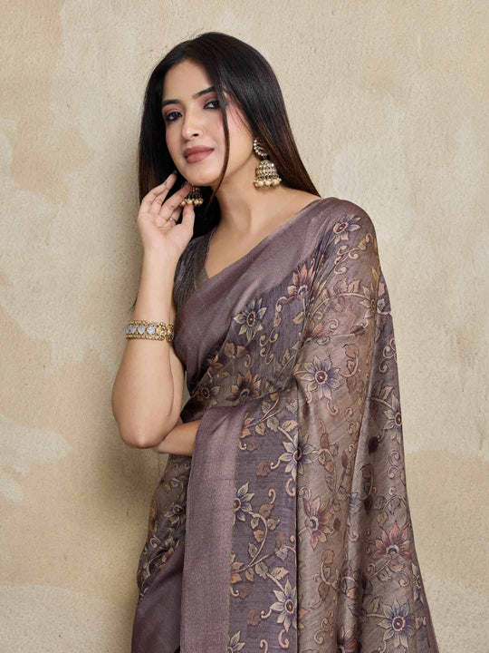 Purple Pure Handloom Tussar Woven Pallu Ajrakh Printed With Blouse Piece