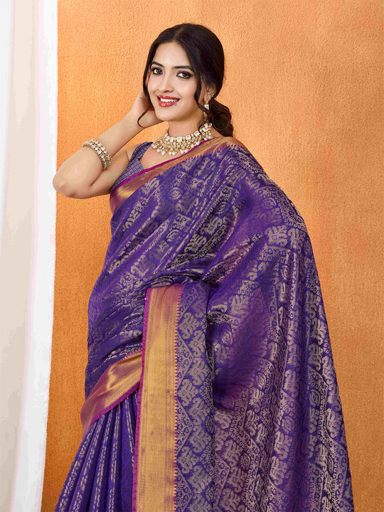 Purple Ikkat Woven Kajeevaram Silk Rich Pallu With Blouse Piece