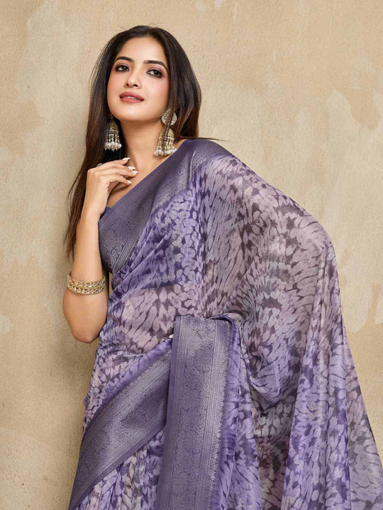 Purple Pure Cotton Tie And Dye Printed Banarasi Rich Pallu Saree With Zari Tassels Saree With Blouse Piece