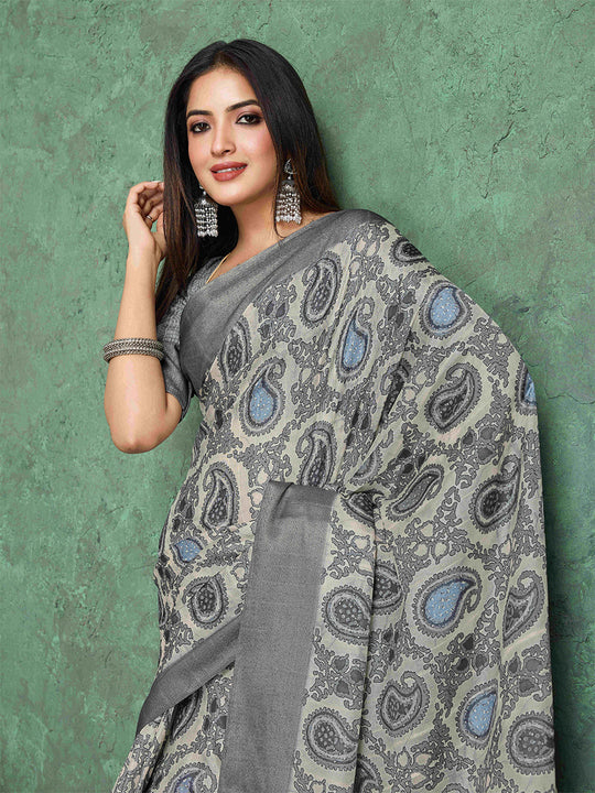 Offwhite Pure Handloom Tussar Woven Pallu Ajrakh Printed With Blouse Piece