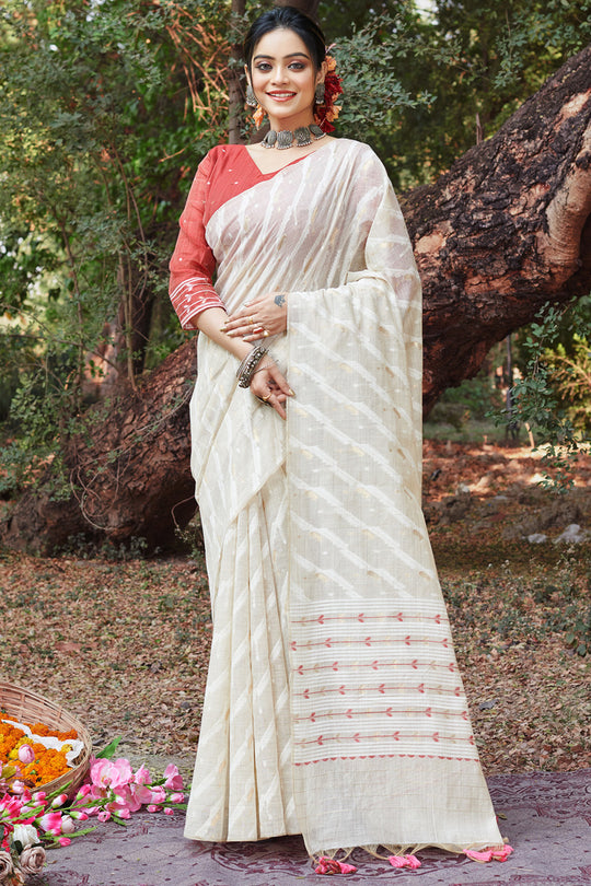 White Cotton Saree With Blouse Piece