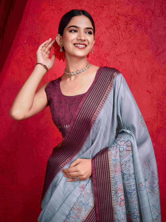 Blue Pure Tussar Viscose Border Paisley Digital Printed With Blouse Piece