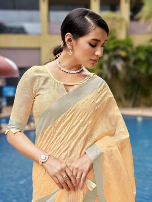Orange Pure Linen Blend Saree With Blouse Piece