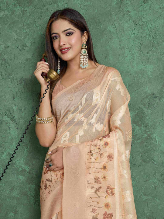 Beige Pure Cotton Lucknowi Woven Printed Saree With Tassels Saree With Blouse Piece