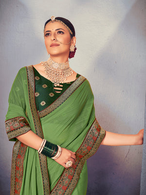 Green Georgette Ready To Wear Saree With Blouse Piece