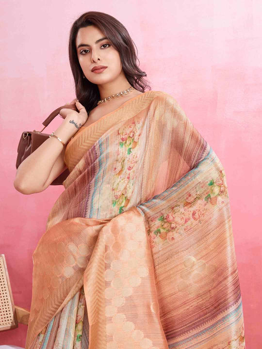 Peach Cotton Banarasi Woven Rich Pallu Printed Saree With Blouse Piece