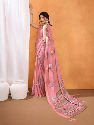 Pink Poly Crepe Party Wear Saree With Blouse Piece
