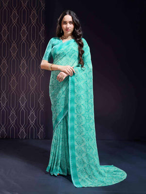 Turquoise Green Georgette Swarovski Stone Embellished Printed Saree With Blouse Piece