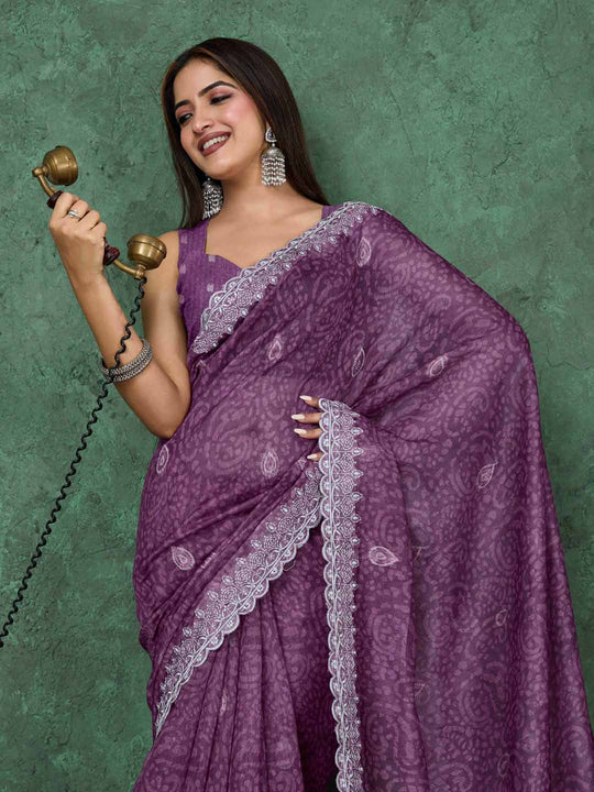 Wine Cotton Banarasi Printed Saree With Thread Embroidery Scalloping  Saree With Blouse Piece