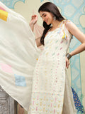 Off White Floral Embroidered Mirror Work Cotton Straight Kurta With Trousers & Dupatta