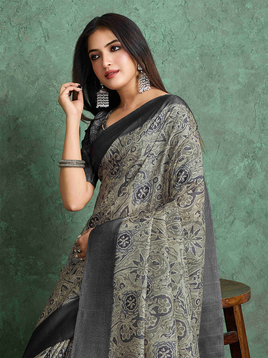 Grey Pure Handloom Tussar Woven Pallu Ajrakh Printed With Blouse Piece