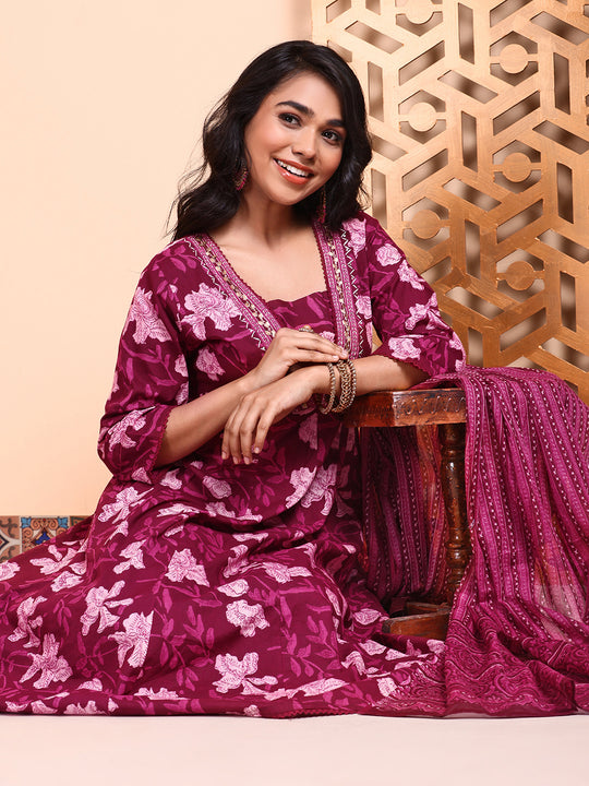 Cotton Embellished Floral Printed A-line Kurta With Trouser & Dupatta