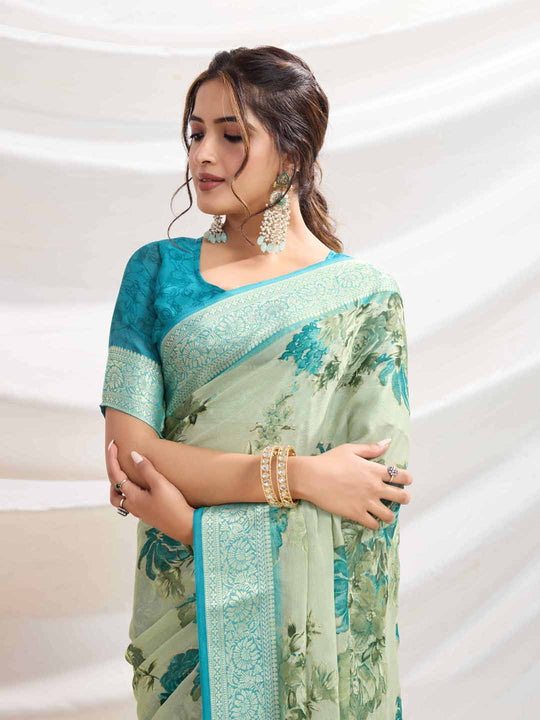 Light Green Silk Chiffon Viscose Border Floral Printed Saree Saree With Blouse Piece