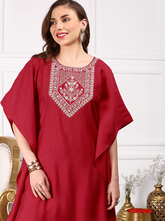 Red Floral Yoke Design Thread Work Kimono Sleeve Kaftan Kurta with Dhoti Pants