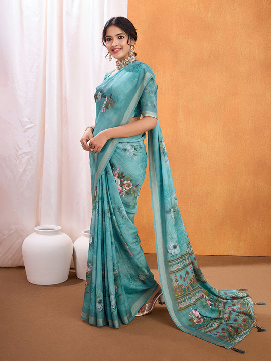 Turquise Poly Crepe Party Wear Saree With Blouse Piece
