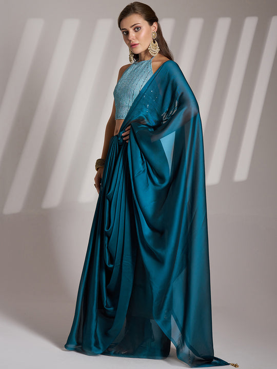 Teal Blue Satin Solid Saree With Blouse Piece