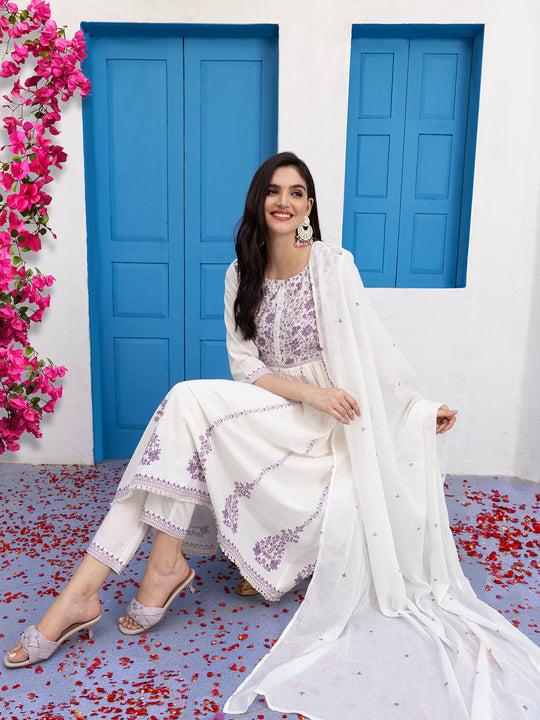 Floral Embroidered Round Neck Three-Quarter Sleeves Pure Cotton Kurta Set