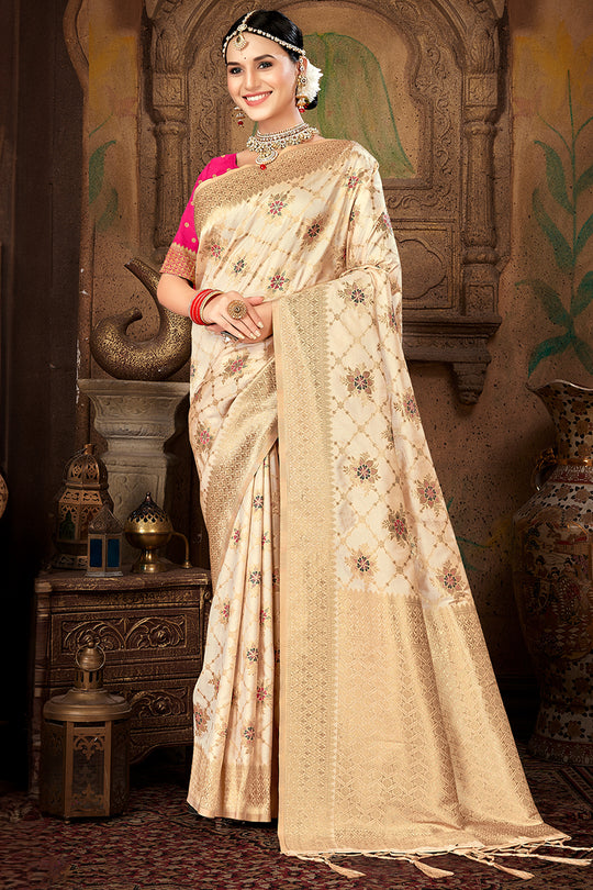 Cream Silk Saree With Blouse Piece