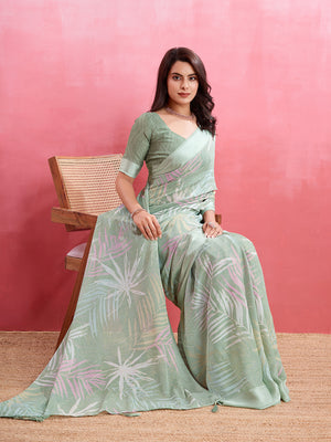 Light Green Silk Georgette Festive Wear Saree With Blouse Piece