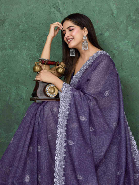 Purple Cotton Banarasi Printed Saree With Thread Embroidery Scalloping  Saree With Blouse Piece