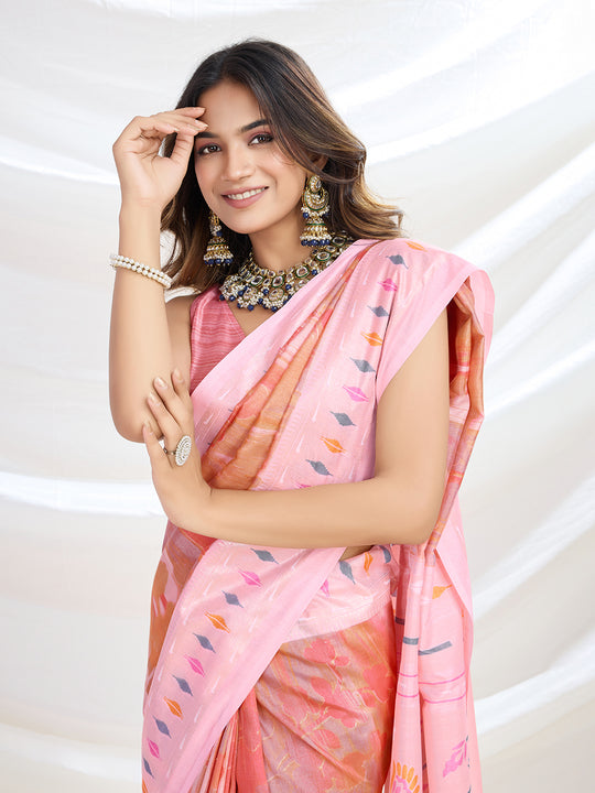 Coral Handloom Silk Festive Wear Saree With Blouse Piece