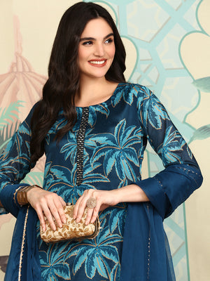 Navy Blue Floral Printed Beads And Stones Straight Kurta With Trousers & Dupatta