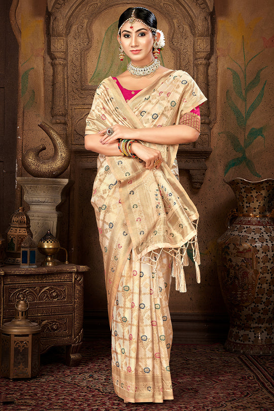 Cream Silk Saree With Blouse Piece