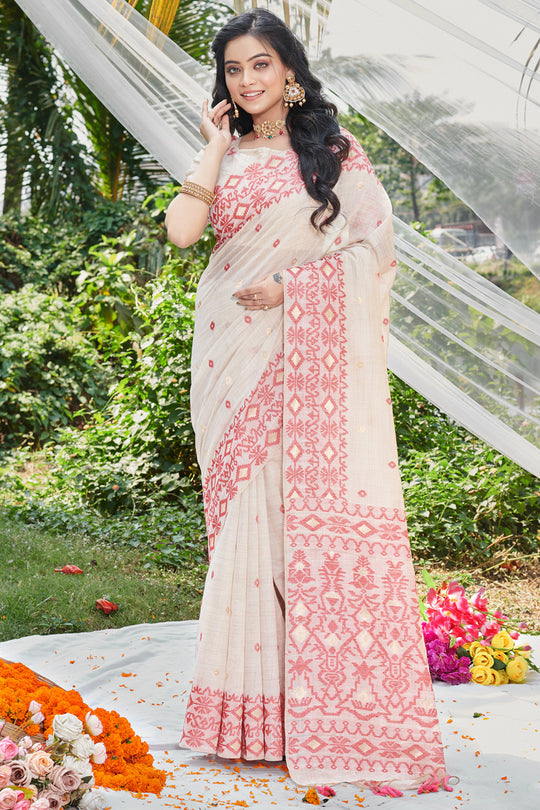 White Cotton Saree With Blouse Piece