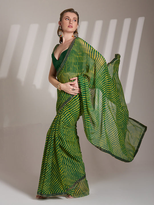 Green Georgette Printed Saree With Blouse Piece