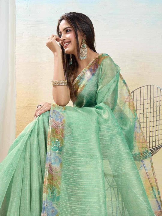 Seagreen Organza Zari Woven Printed Saree With Hand-Sequence Embellishment Saree With Blouse Piece