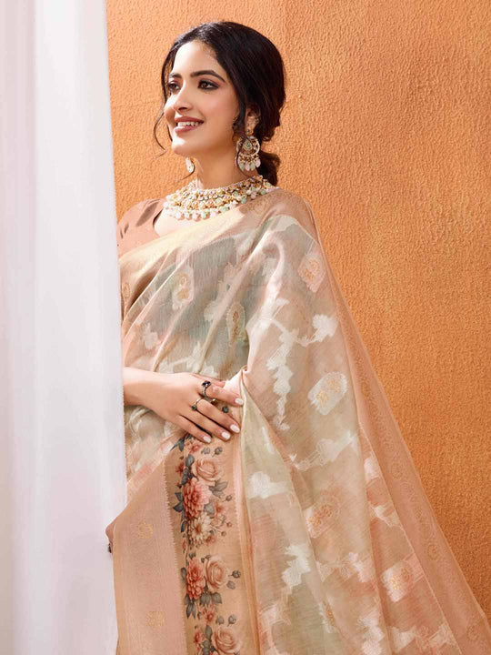 Beige Pure Cotton Lucknowi Woven Banarasi Saree With Ombre Floral Prints
