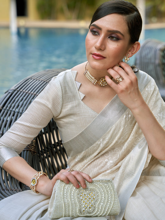 Beige Pure Linen Blend Saree With Blouse Piece