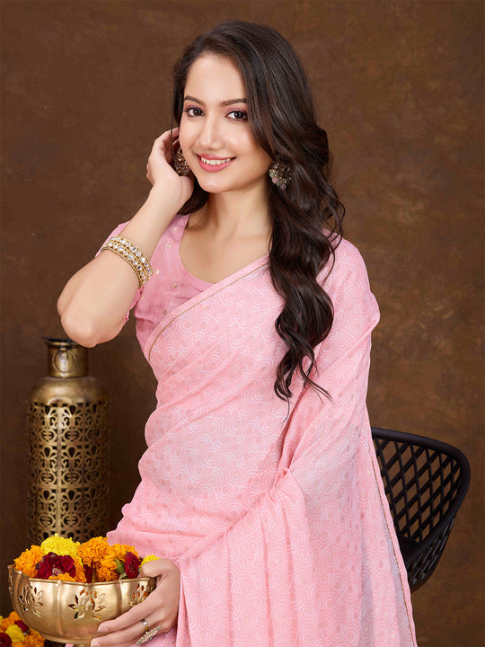 Peach Crepe Georgette Gold Foil Embellished Printed Saree With Blouse Piece