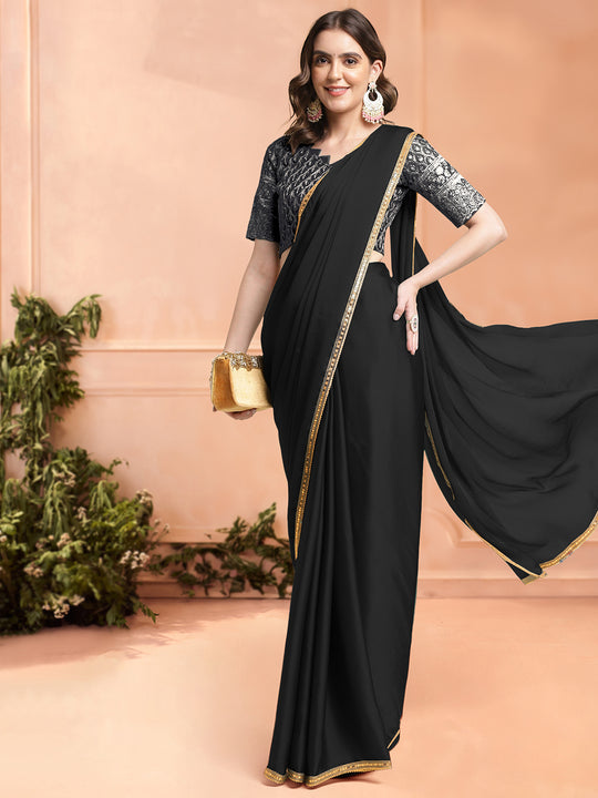 Black Chiffon Ready To Wear Saree With Blouse Piece