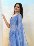 Blue Organza Zari Woven Printed Saree With Hand-Sequence Embellishment Saree With Blouse Piece