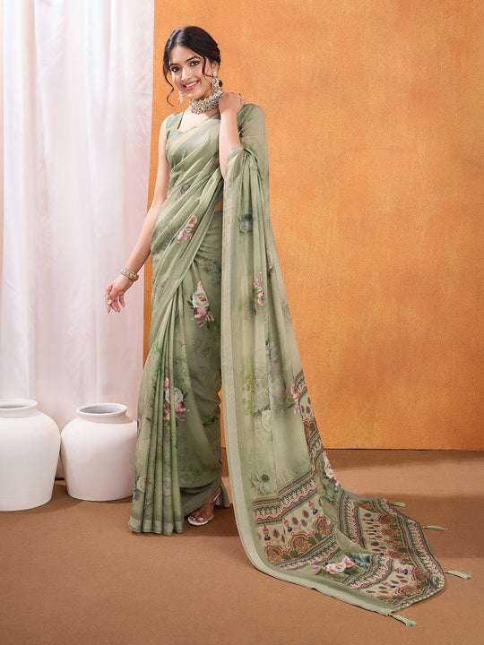 Green Poly Crepe Party Wear Saree With Blouse Piece